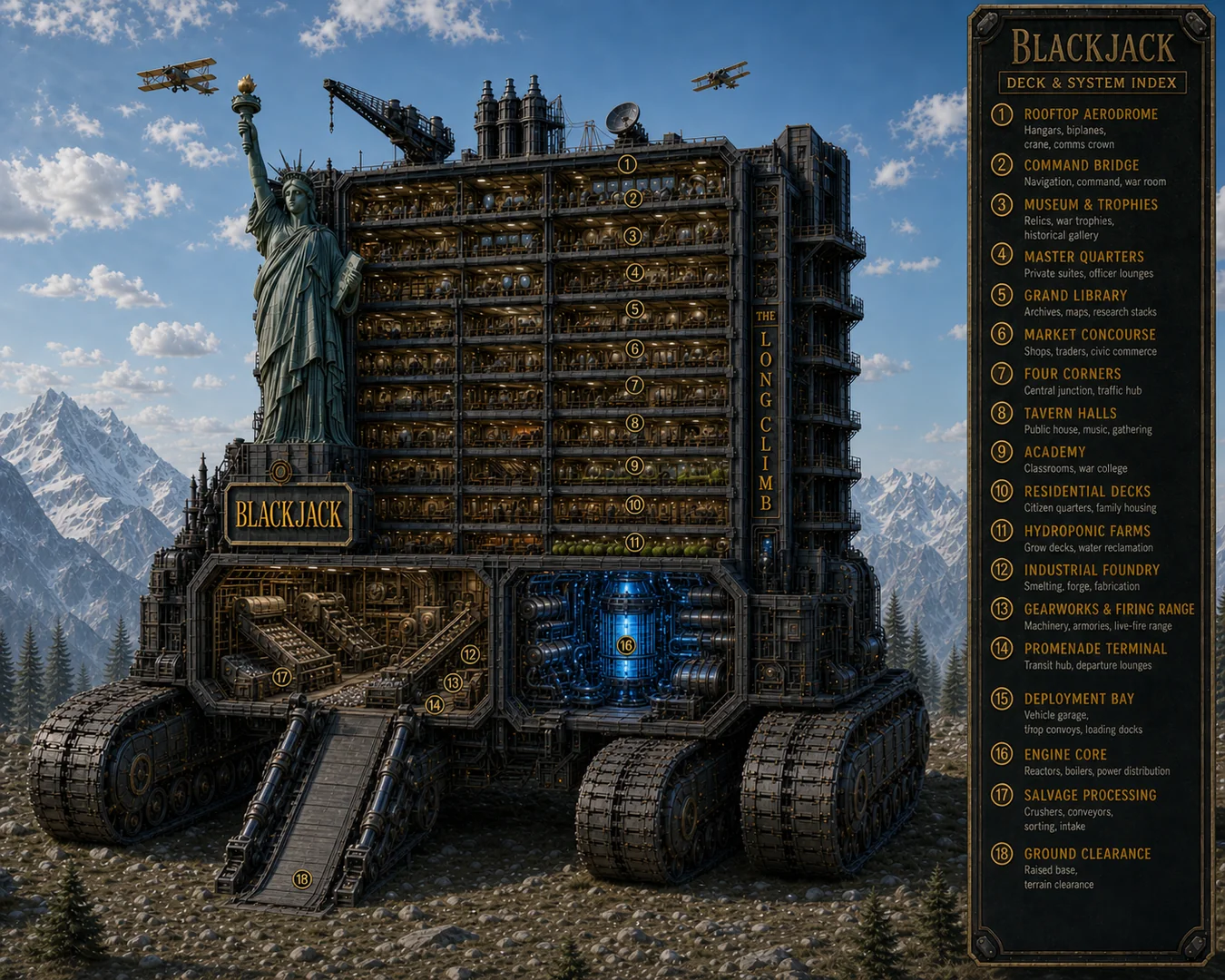Blackjack Deck and System Index — full labeled cutaway of all 21 decks from Roof Aerodrome to Engine Core