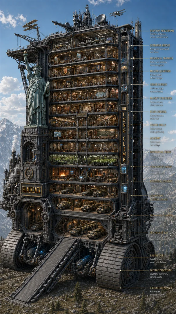 The Long Climb combat elevator spine, distinct rooms at clearance points
