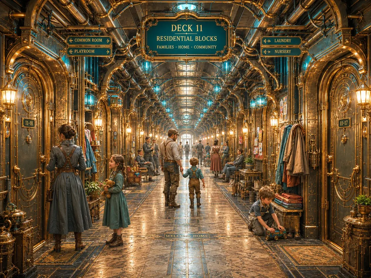 A residential corridor deck aboard the Drifter, families at their doorways, a welcome mat set into the floor tiles