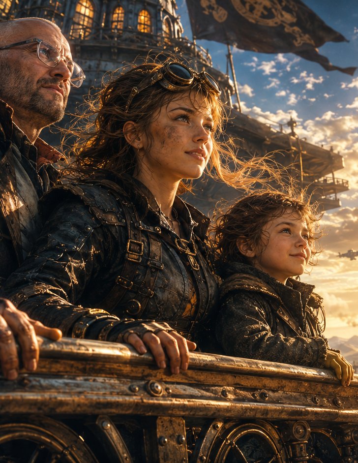 A family aboard a Strider looking out at the fortress-city towers ahead