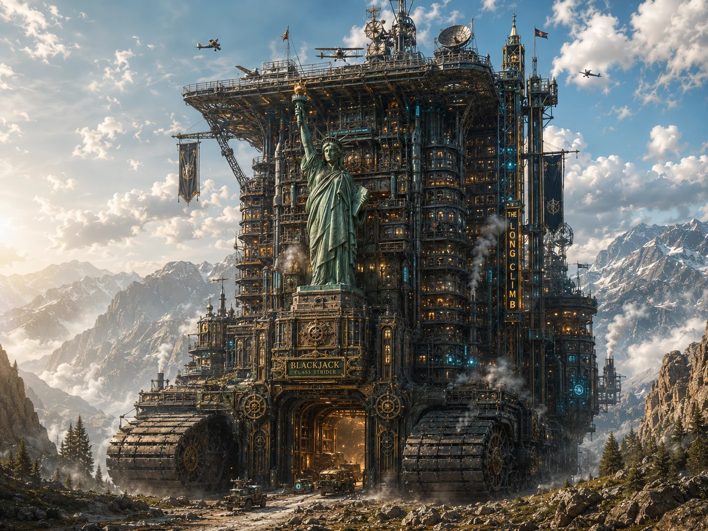 The Blackjack-class Strider, a towering fortress-city on tracked legs, established shot in mountain terrain