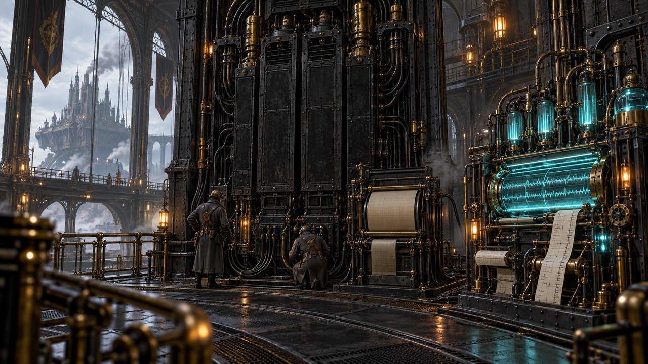 Steampunk diagnostic control room with engineers reading paper-roll printers beside glowing teal instrument tubes
