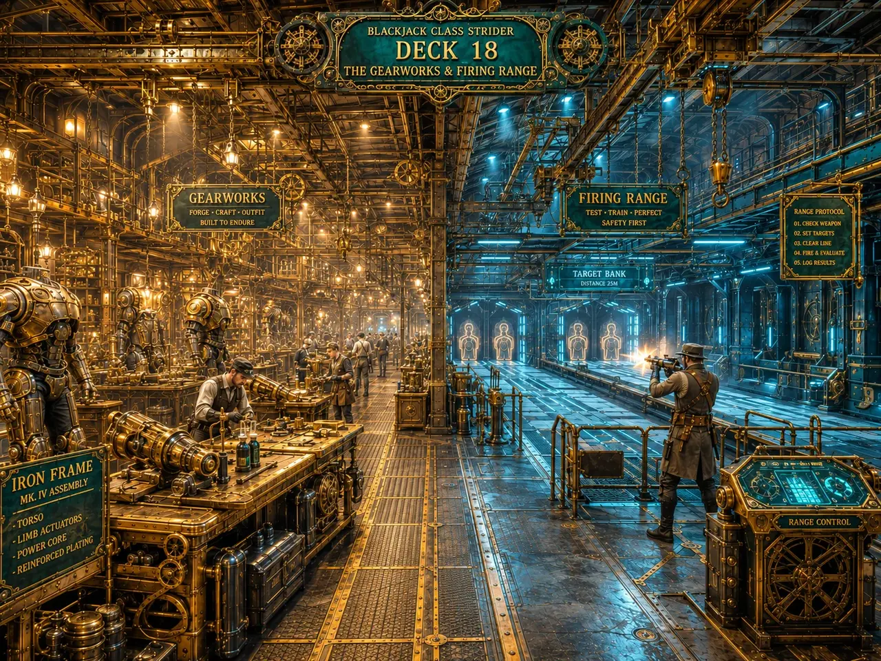 The Drifter's gearworks and firing range, engineers at a workbench beside an Iron Frame assembly in progress
