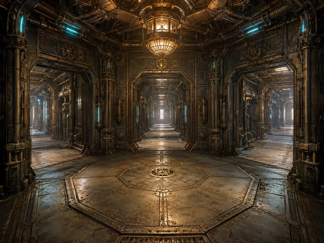 A quiet iron junction deep in the Drifter's corridors, brass fittings and a single lantern lighting the crossroads