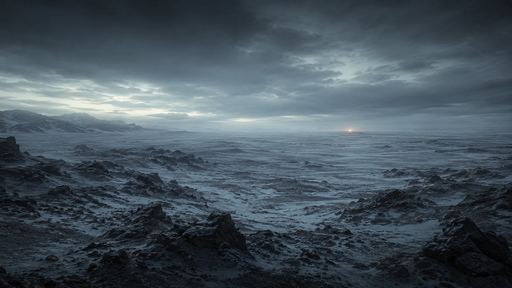 Desolate Frozen Landscape Beneath Stormy Skies — World & Environment