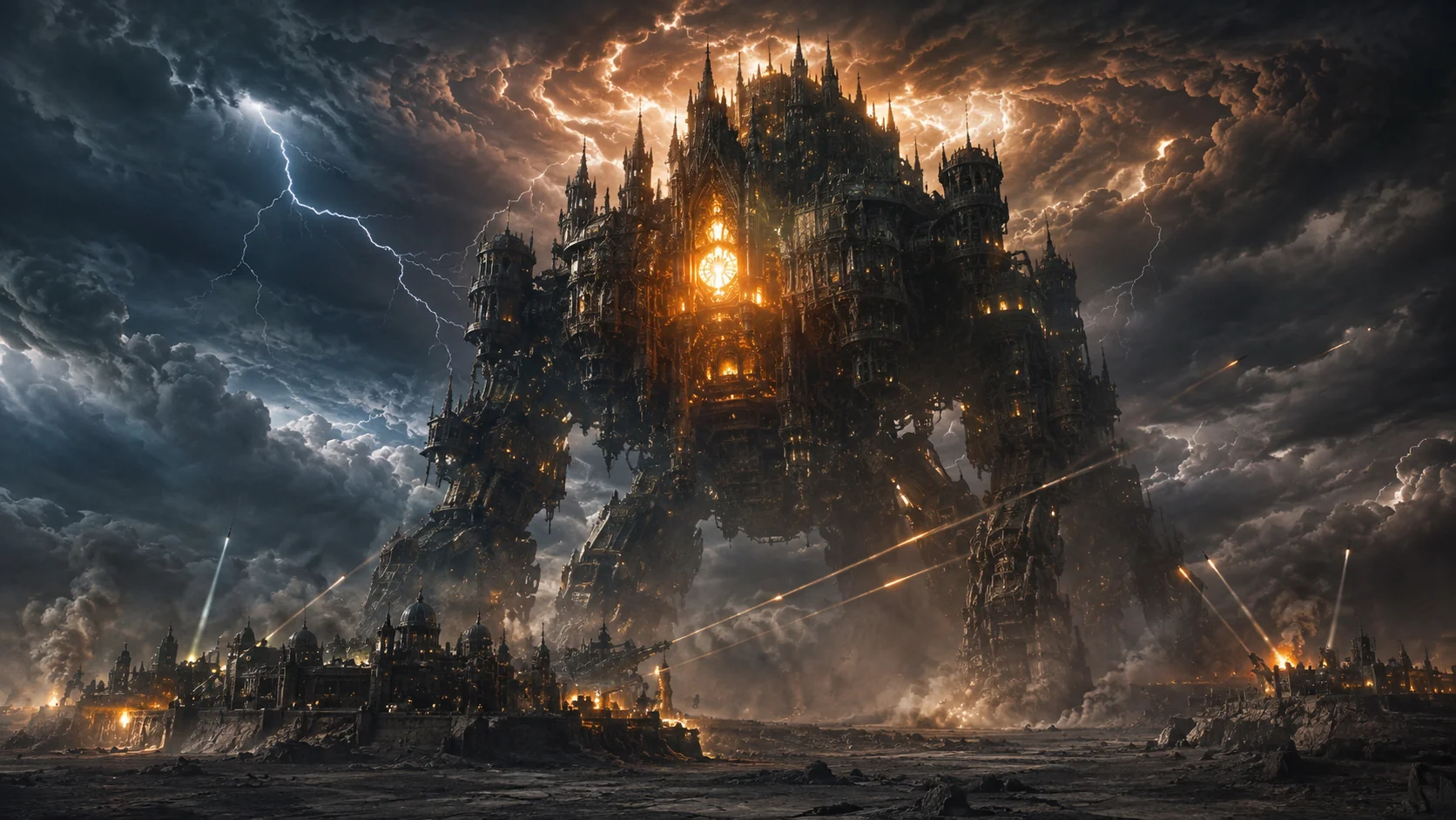 Gothic War Machine Above Ruined City — World & Environment