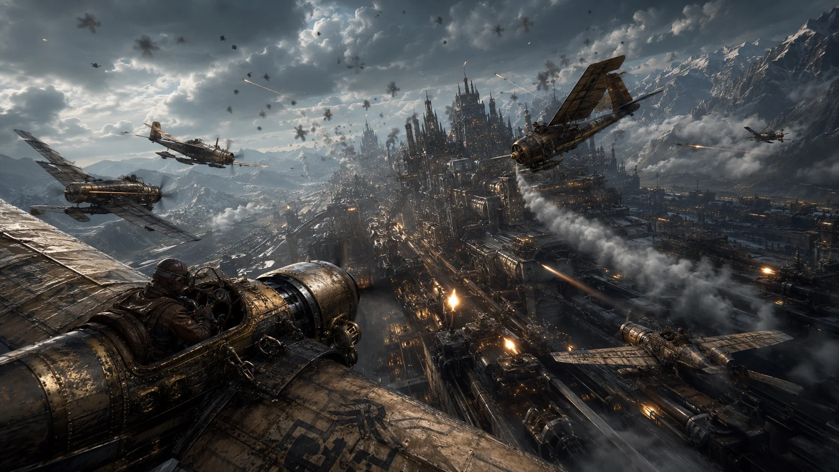 Steampunk Aerial Battle Over Industrial City — World & Environment