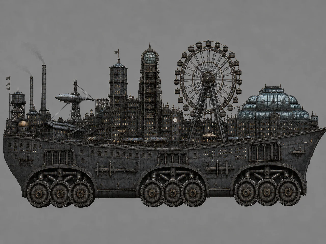 Full side elevation of Grindwalker showing the complete skyline: ferris wheel, greenhouse dome, clock tower, and airship dock