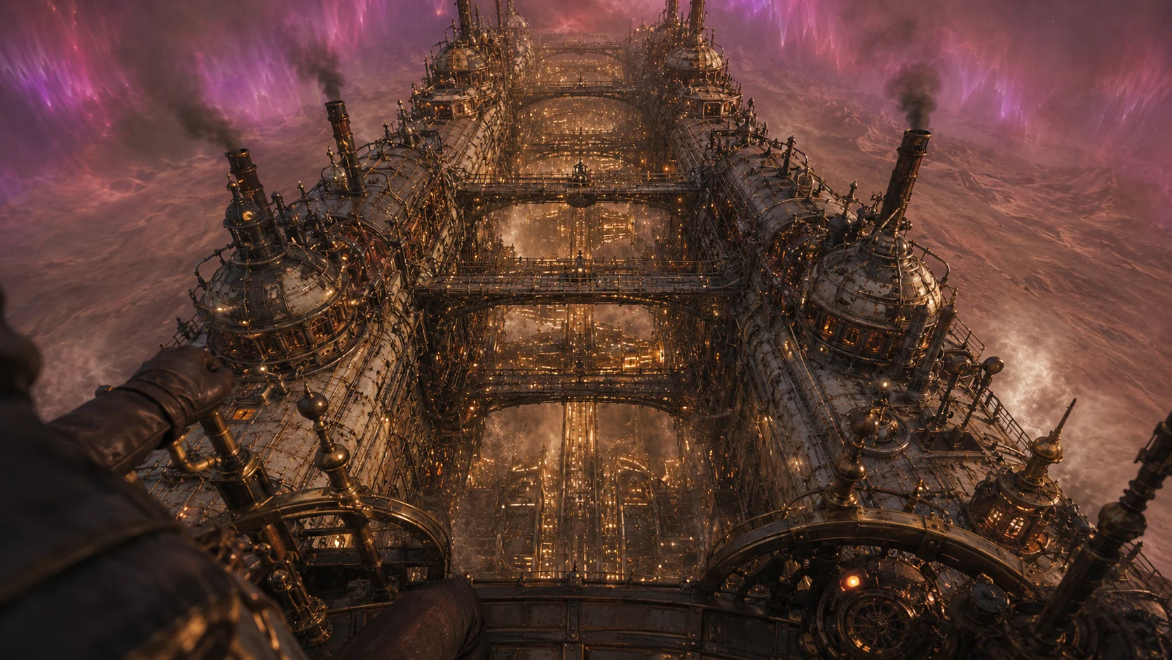 First-person view down the central span between Grindwalker's twin hulls, multiple crossing bridges visible