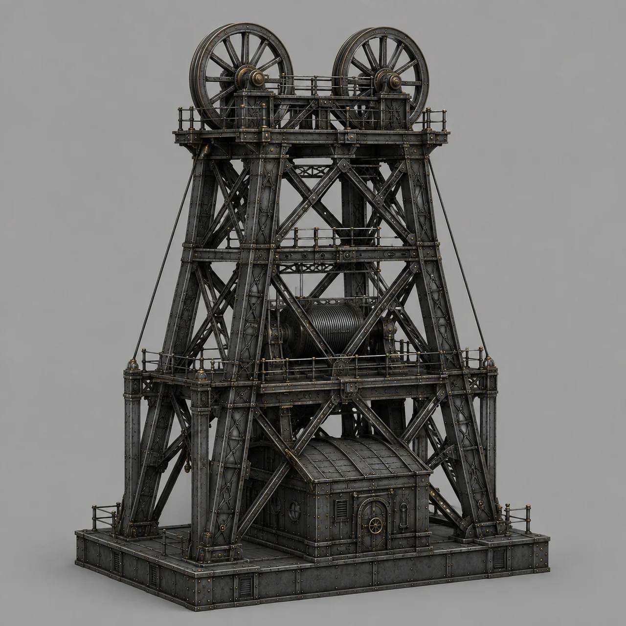 A twin mine headframe winding tower, riveted steel with two large winding wheels at the top