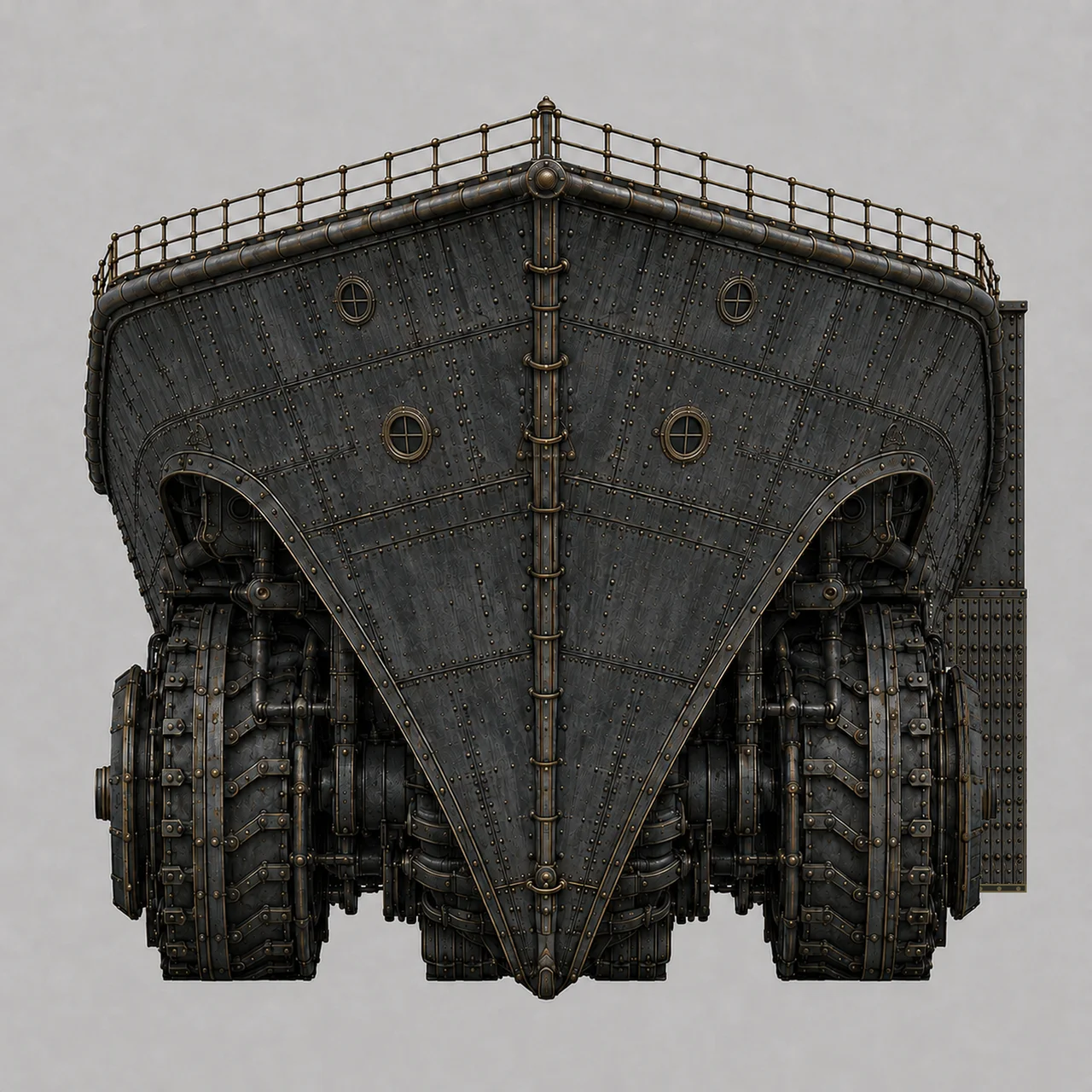 Full orthographic bow view of Grindwalker's hull, showing the boat-shaped prow and heavy track undercarriage