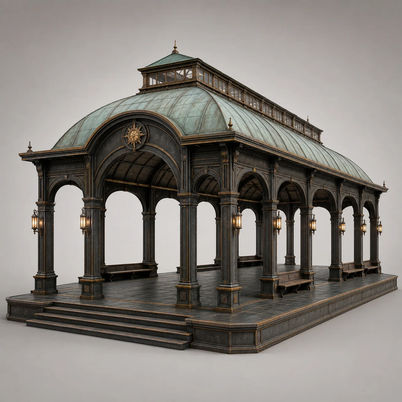 An elegant glass-roofed promenade pavilion with stone columns, hanging lanterns, and wooden benches