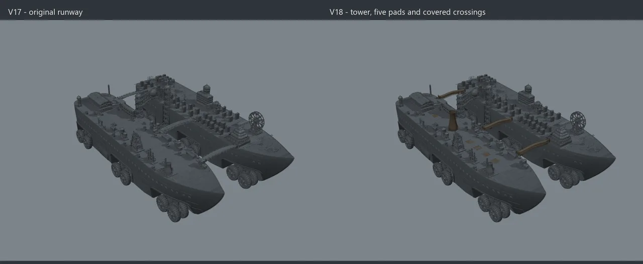 Side by side clay renders of the Grindwalker from the same camera: V17 with its original runway on the left, V18 with the tower, five pads and covered crossings on the right