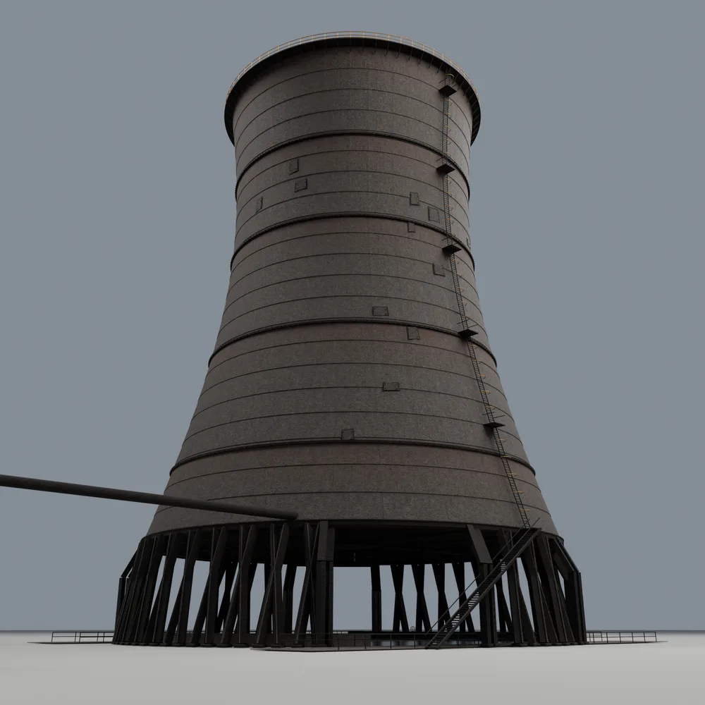 Render of a riveted iron cooling tower on a braced steel base