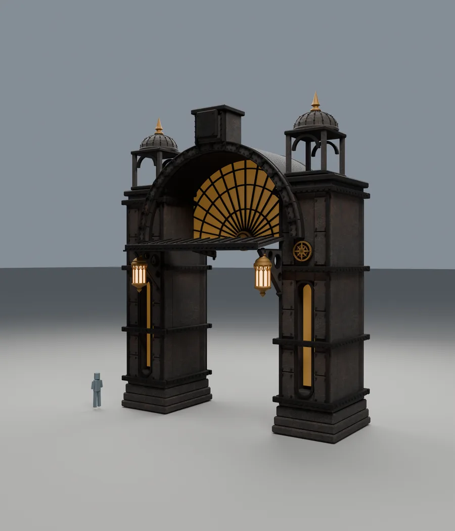 Render of an ornate iron gateway with domed lamp towers and an amber fan window, a small human figure beside it for scale