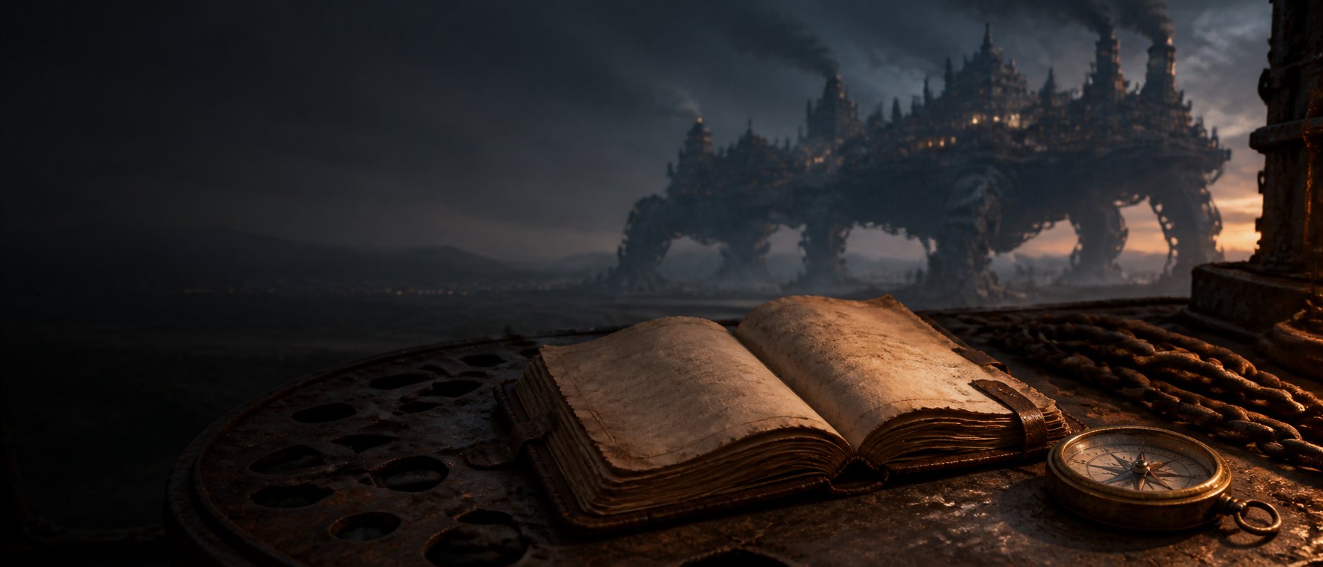 An old leather-bound book open on an iron table beside a brass compass, a distant Strider on the horizon