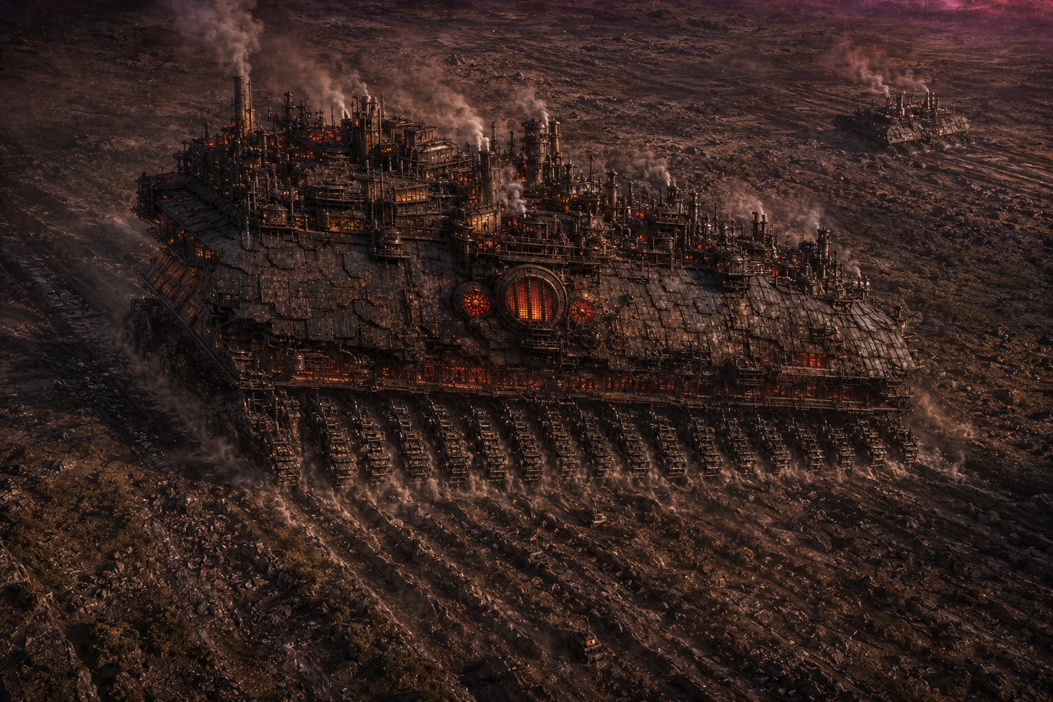 Aerial view of a Juggernaut Strider, wide low-slung silhouette, visible glowing reactor vents, dragon-scale armor plating, full bogie track row along the base