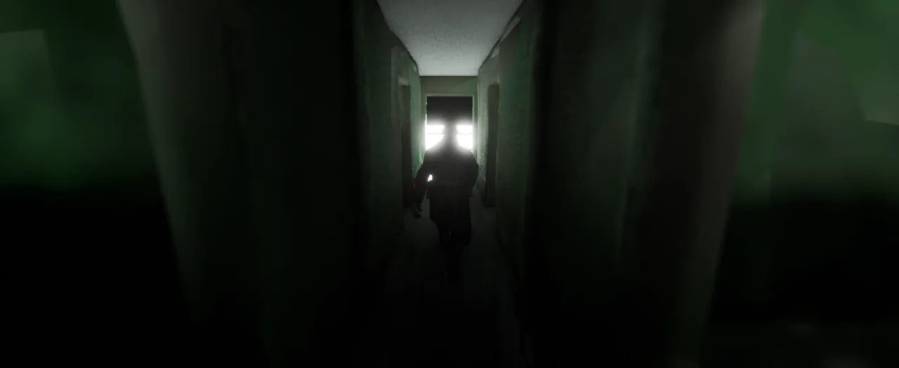 In engine screenshot: the player character walking away down a narrow green corridor inside the Drifter toward a bright doorway