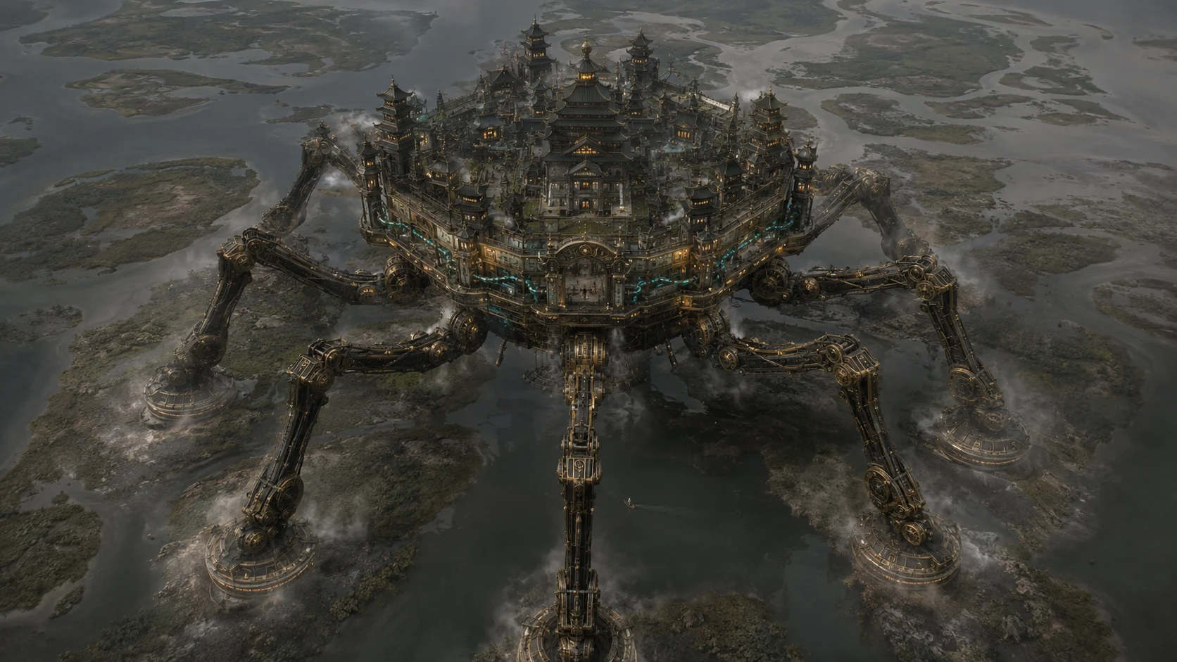 Aerial view of Vector Strider showing eight legs, glowing teal bio-circulatory lines running through the base structure, and pagoda architecture above
